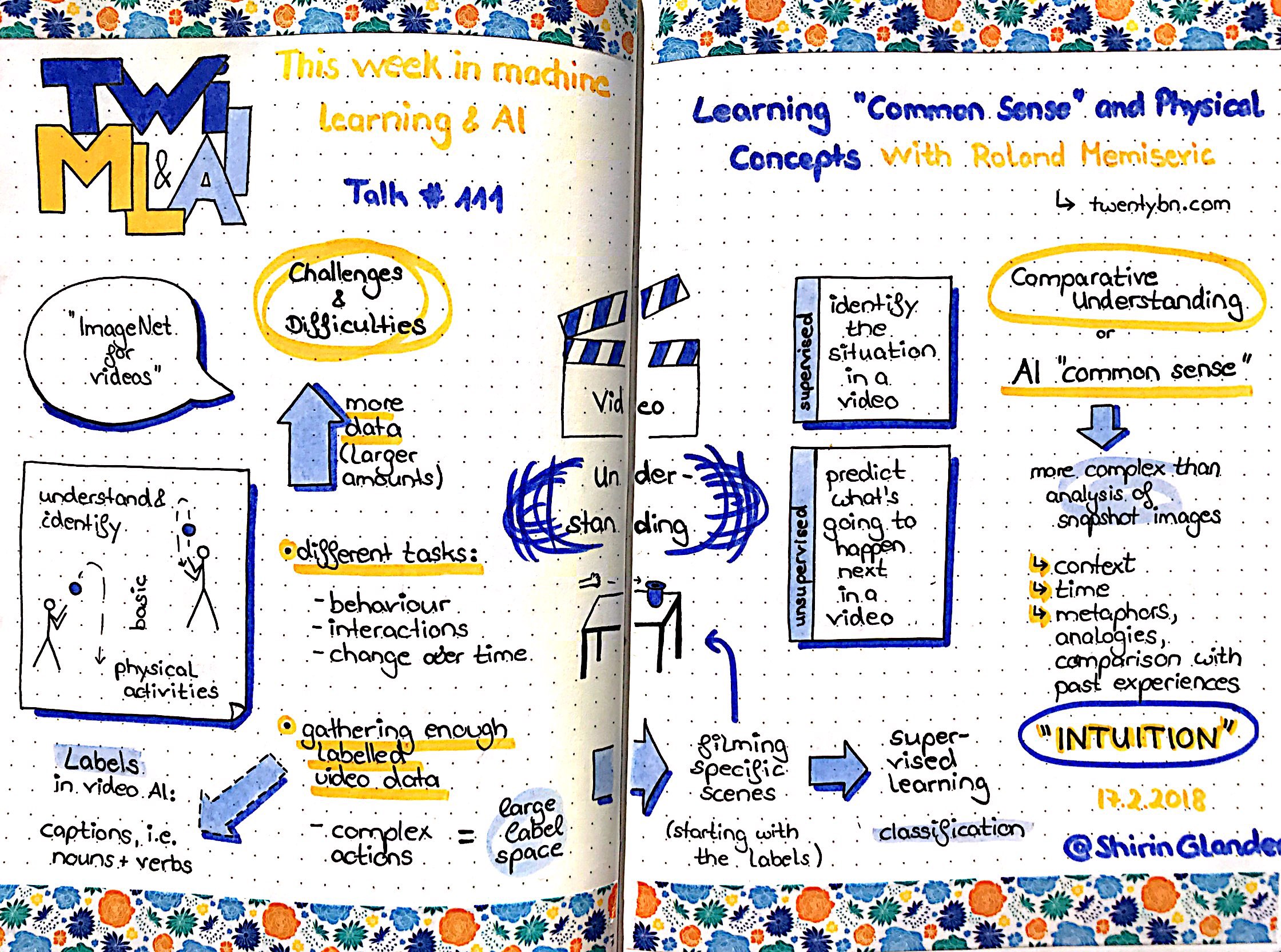 Sketchnotes from TWiMLAI talk #111: Learning Common Sense and Physical Concepts with Roland Memisevic