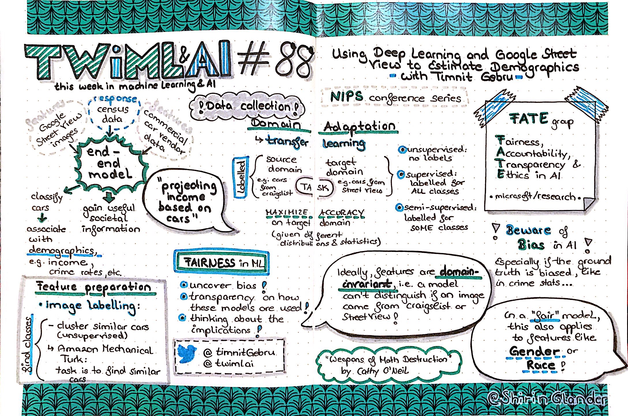 Sketchnotes from TWiMLAI talk #88: Using Deep Learning and Google Street View to Estimate Demographics with Timnit Gebru