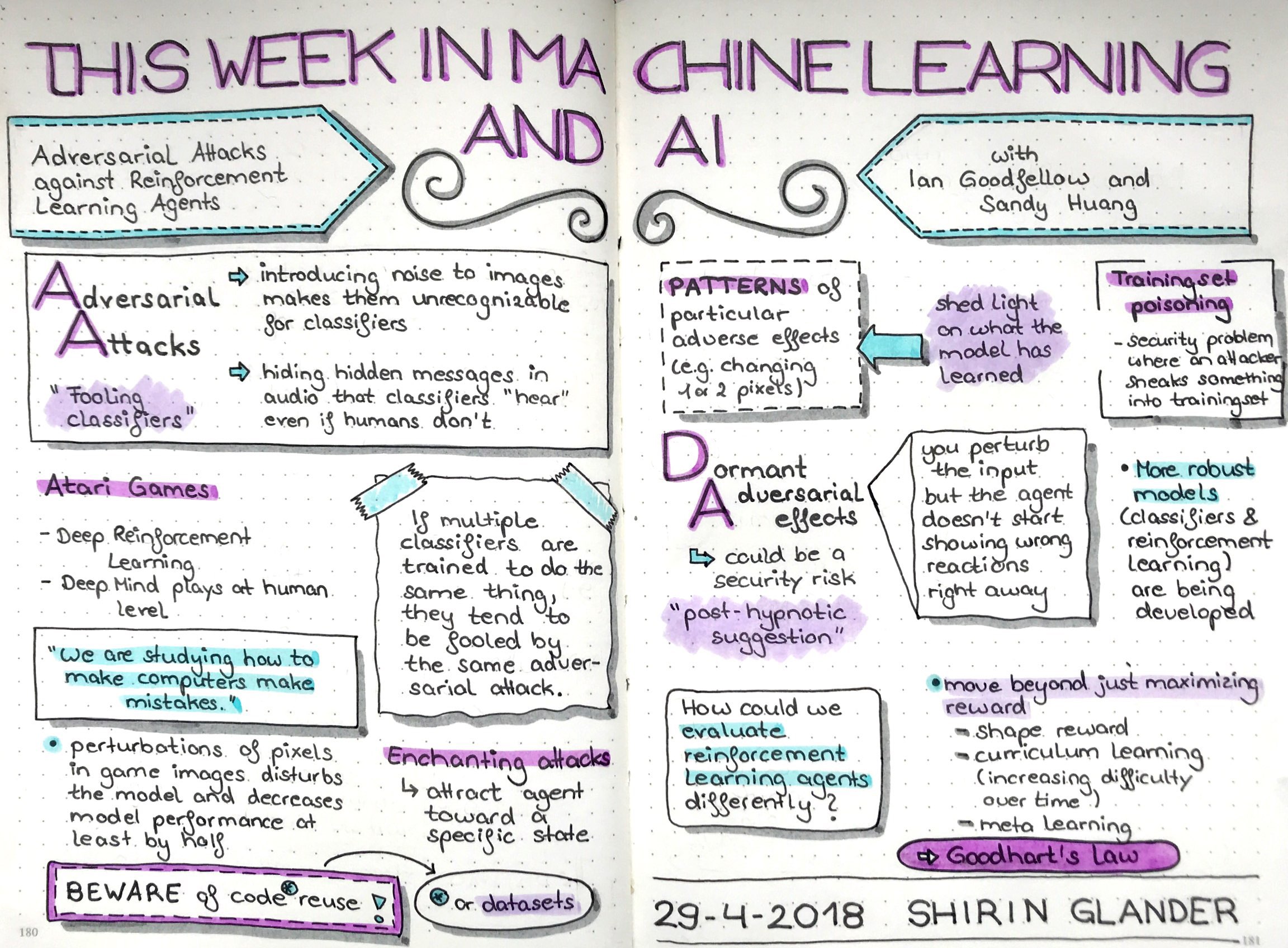 Sketchnotes from TWiMLAI talk: Adversarial Attacks Against Reinforcement Learning Agents with Ian Goodfellow & Sandy Huang